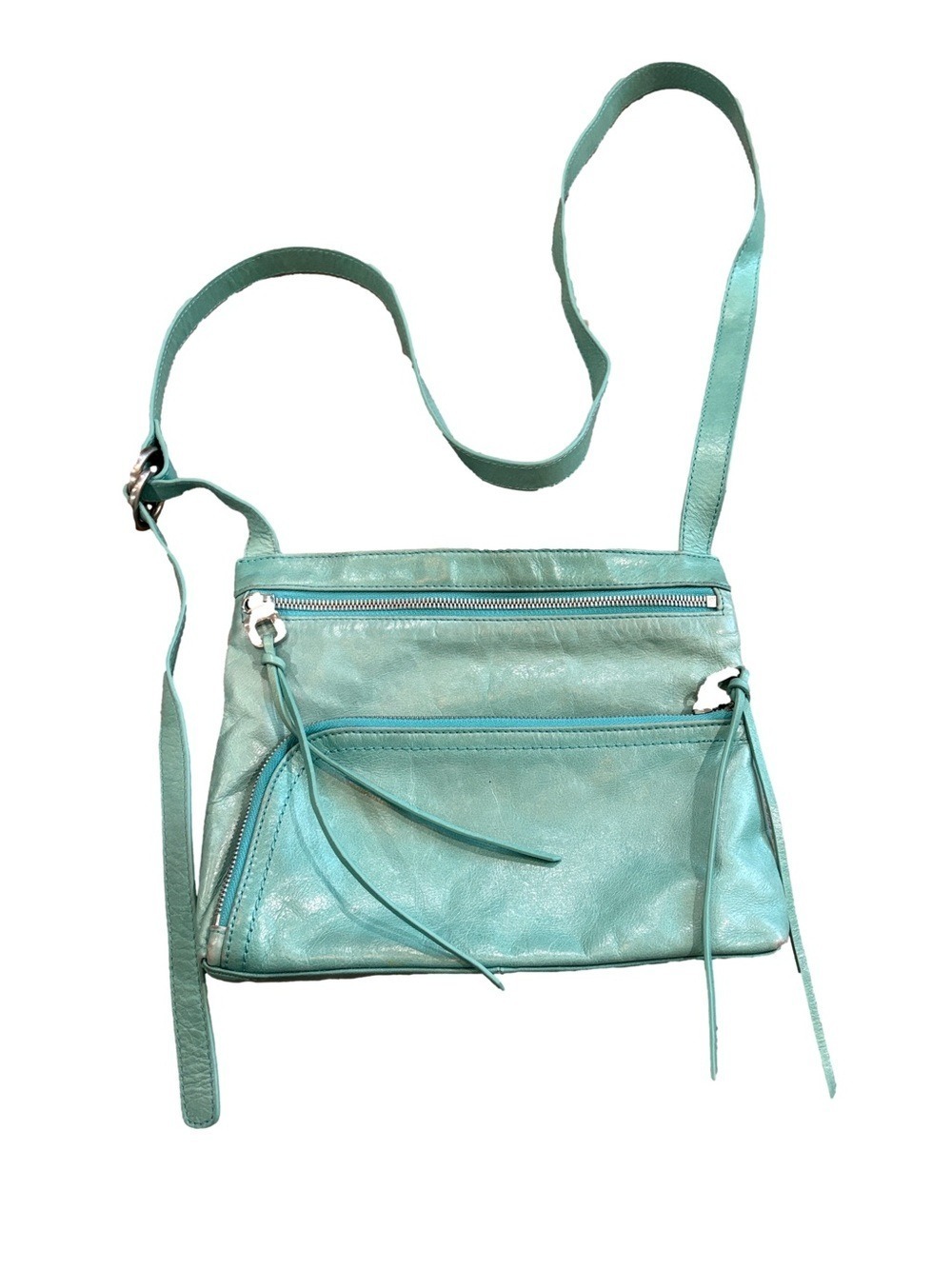 Hobo Cassie Mint Green Leather Crossbody Shoulder Bag. Tassels zippers pockets